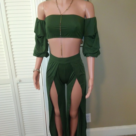 Strapless Bandeau 2 Piece Set High Slit Pants - Picture 3 of 6